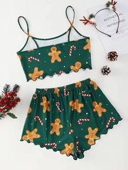 Soft Festival Christmas Cute Gingerbread Print Pajama Set Sleepwear 2 Pieces Crop Tops and Shorts Loungewear