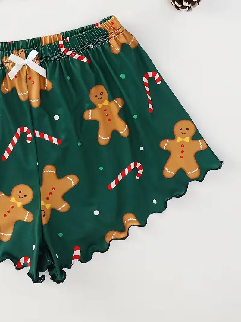 Soft Festival Christmas Cute Gingerbread Print Pajama Set Sleepwear 2 Pieces Crop Tops and Shorts Loungewear