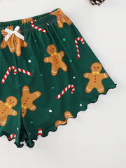 Soft Festival Christmas Cute Gingerbread Print Pajama Set Sleepwear 2 Pieces Crop Tops and Shorts Loungewear