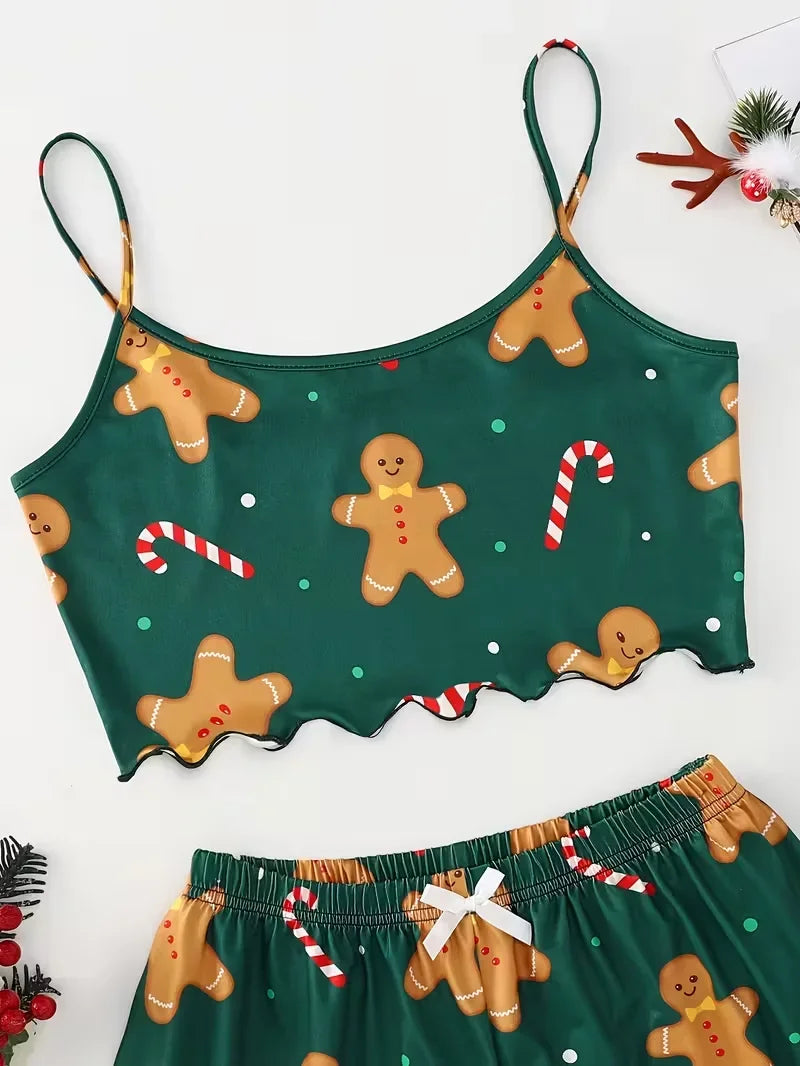 Soft Festival Christmas Cute Gingerbread Print Pajama Set Sleepwear 2 Pieces Crop Tops and Shorts Loungewear