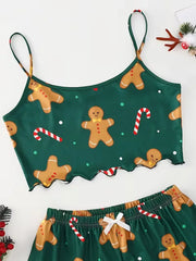 Soft Festival Christmas Cute Gingerbread Print Pajama Set Sleepwear 2 Pieces Crop Tops and Shorts Loungewear