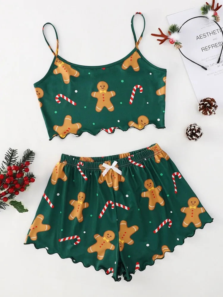 Soft Festival Christmas Cute Gingerbread Print Pajama Set Sleepwear 2 Pieces Crop Tops and Shorts Loungewear
