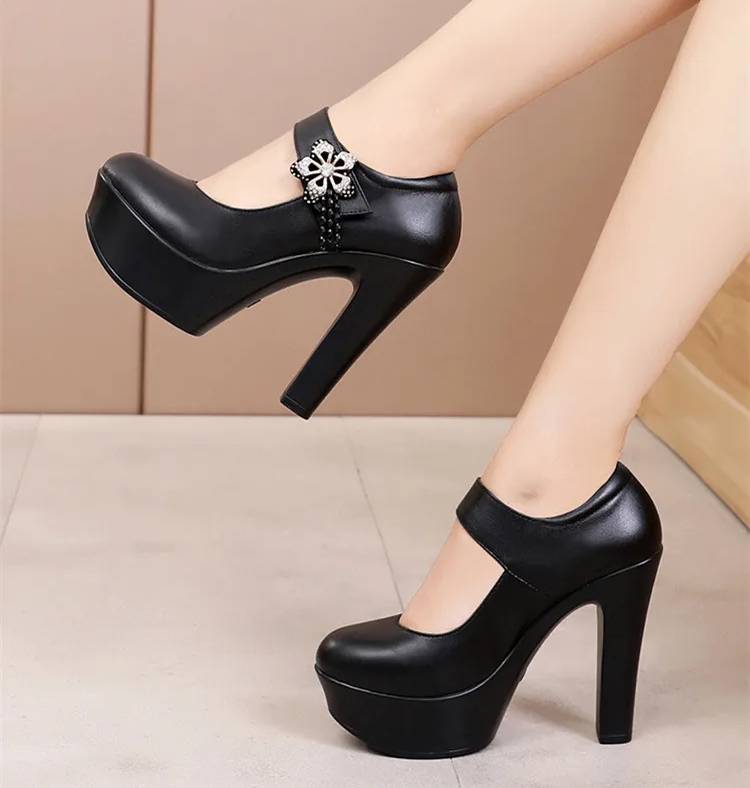 Soft Leather Platform Wedding Party Block High Heels Pumps
