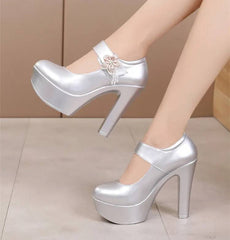 Soft Leather Platform Wedding Party Block High Heels Pumps
