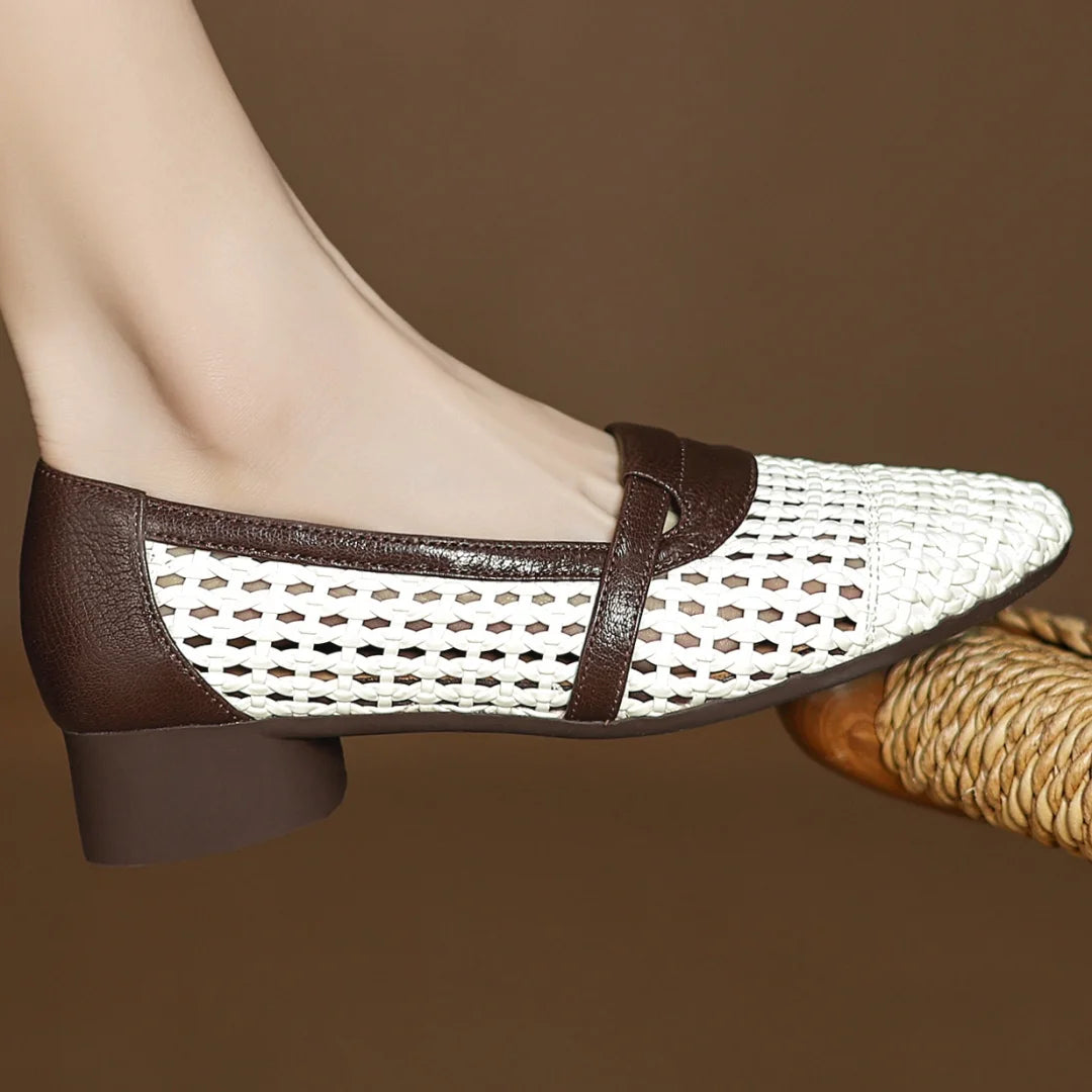 Soft Patchwork Genuine Leather Braided Microfiber Hollow-out Breathable Flats Loafers