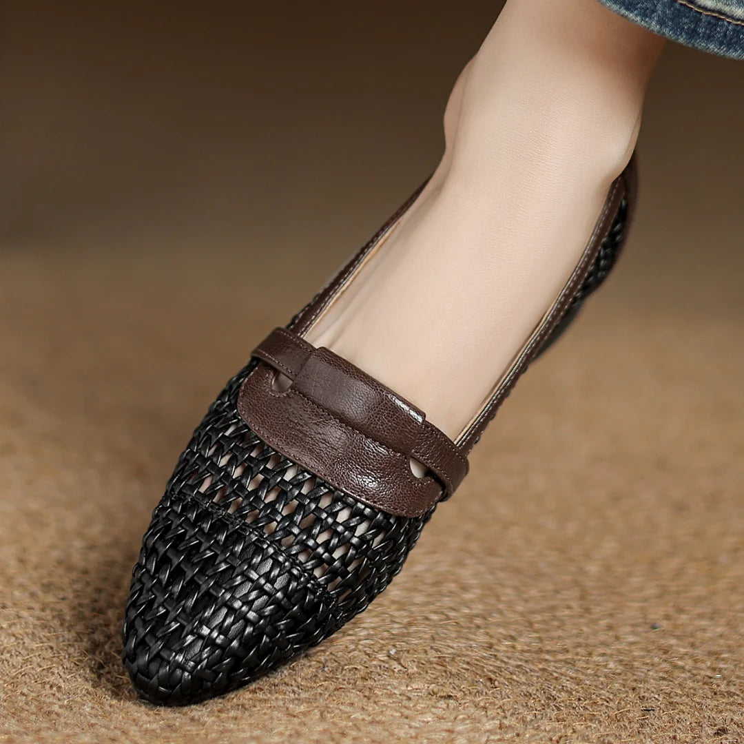 Soft Patchwork Genuine Leather Braided Microfiber Hollow-out Breathable Flats Loafers