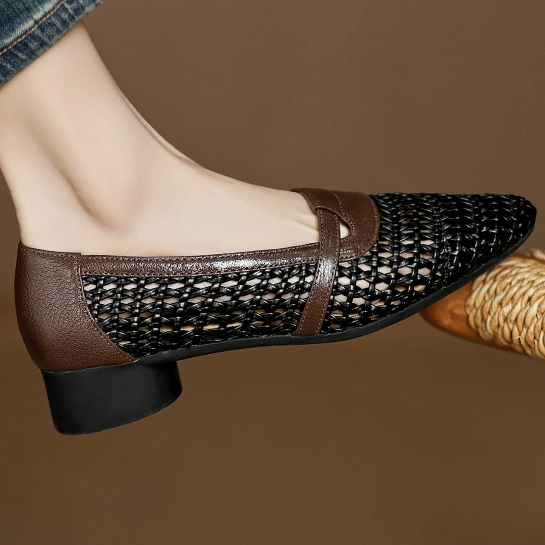 Soft Patchwork Genuine Leather Braided Microfiber Hollow-out Breathable Flats Loafers