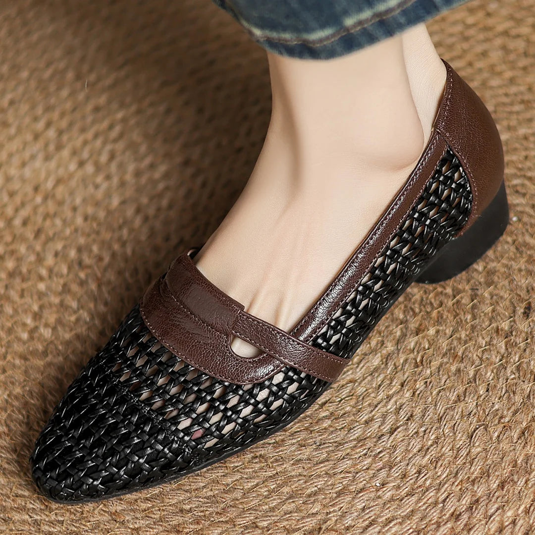 Soft Patchwork Genuine Leather Braided Microfiber Hollow-out Breathable Flats Loafers