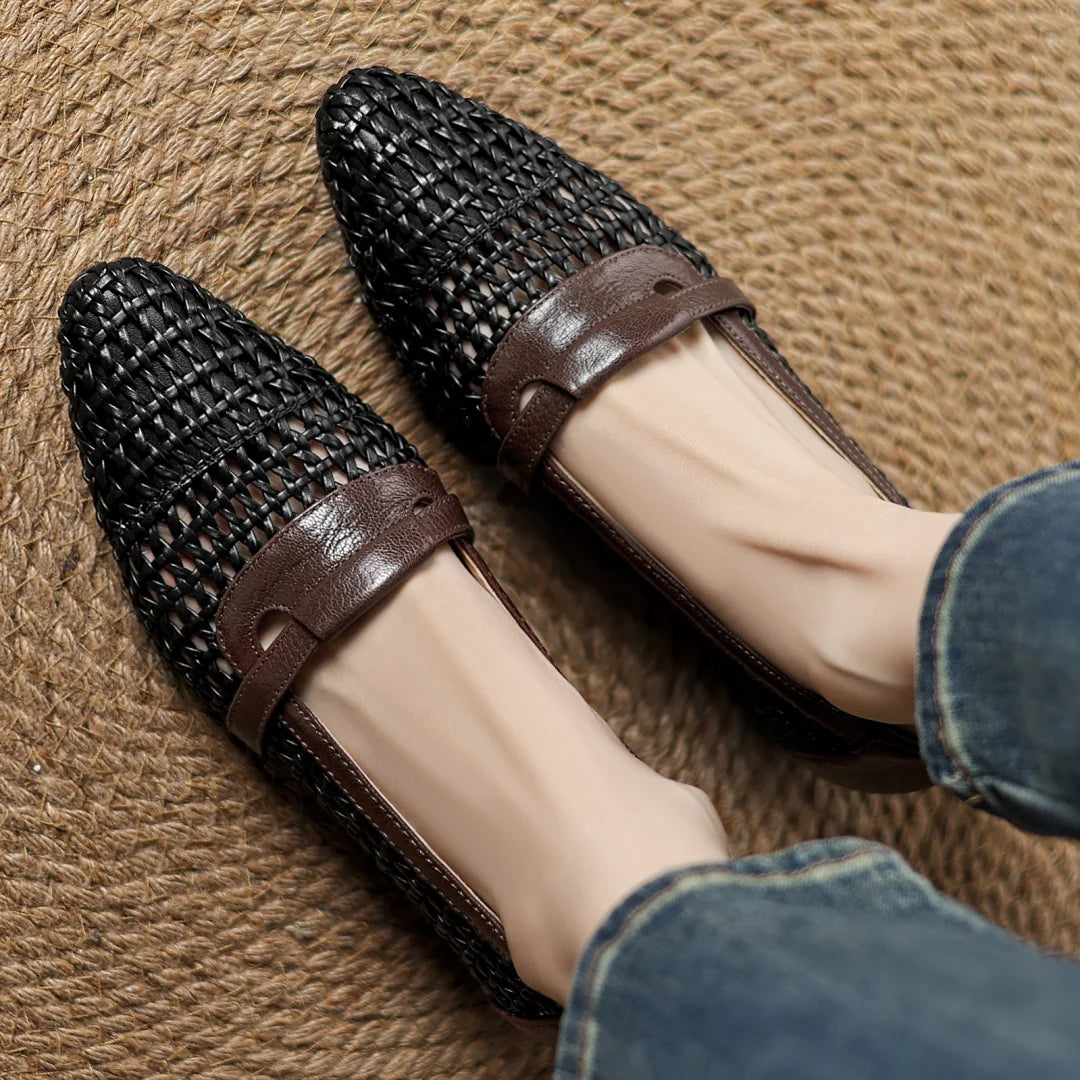 Soft Patchwork Genuine Leather Braided Microfiber Hollow-out Breathable Flats Loafers