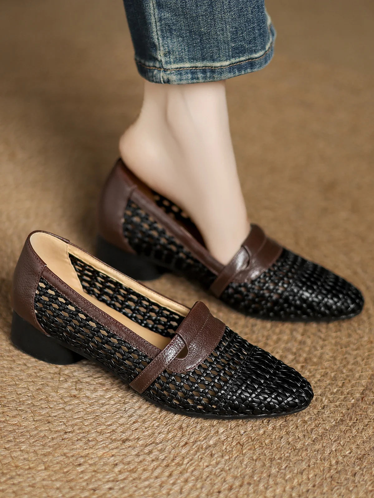 Soft Patchwork Genuine Leather Braided Microfiber Hollow-out Breathable Flats Loafers
