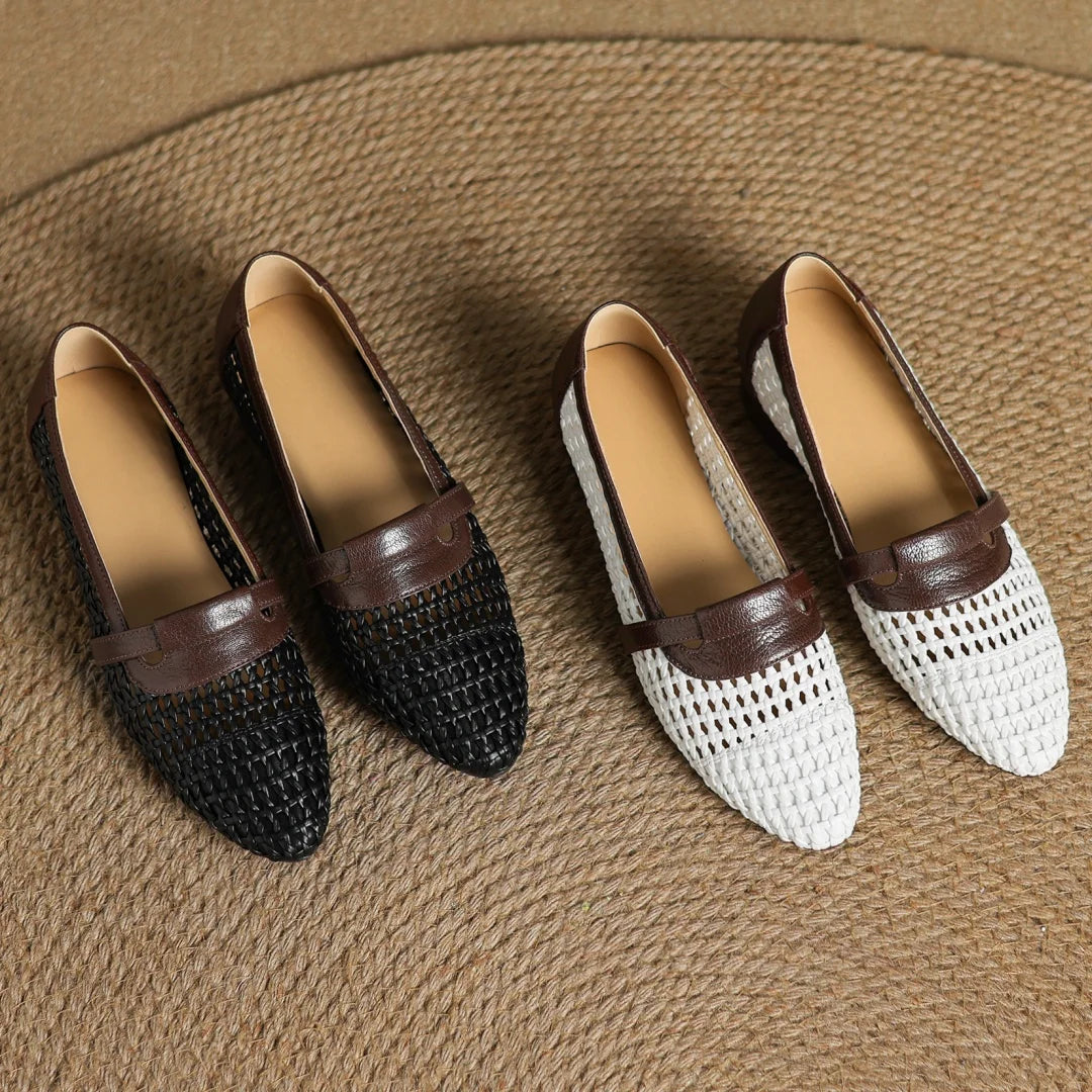 Soft Patchwork Genuine Leather Braided Microfiber Hollow-out Breathable Flats Loafers