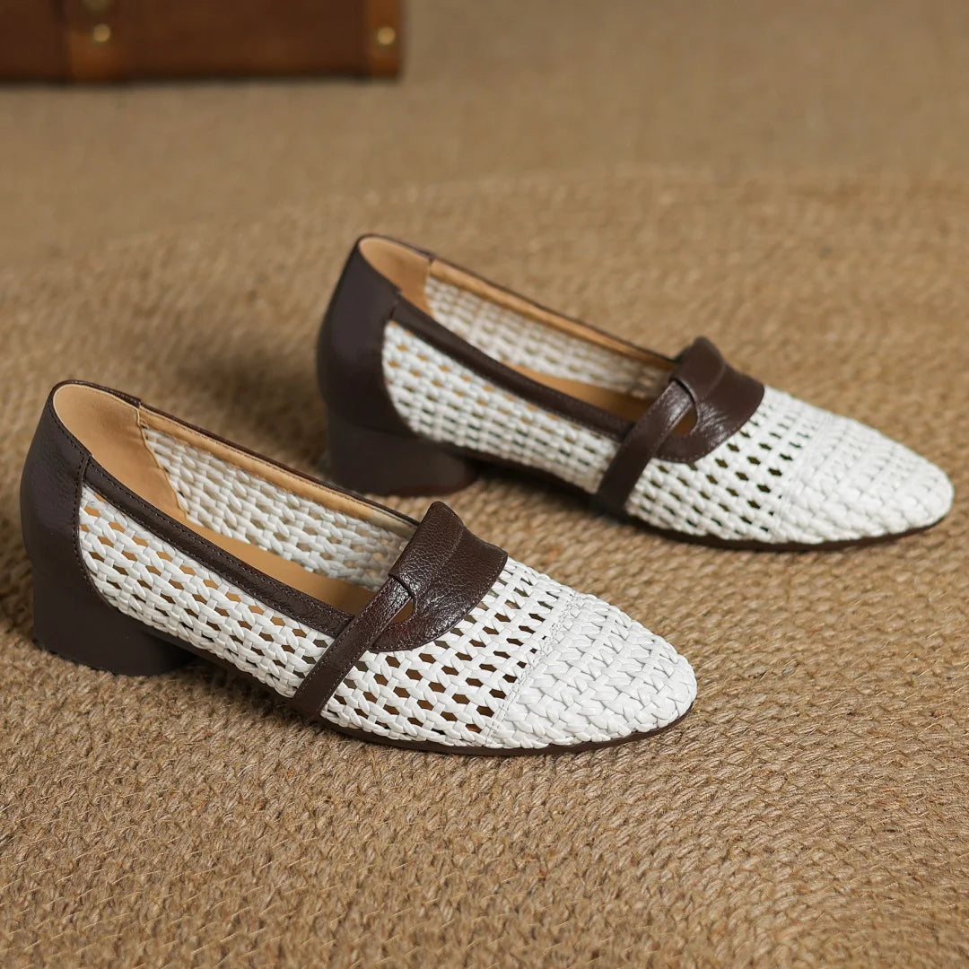 Soft Patchwork Genuine Leather Braided Microfiber Hollow-out Breathable Flats Loafers