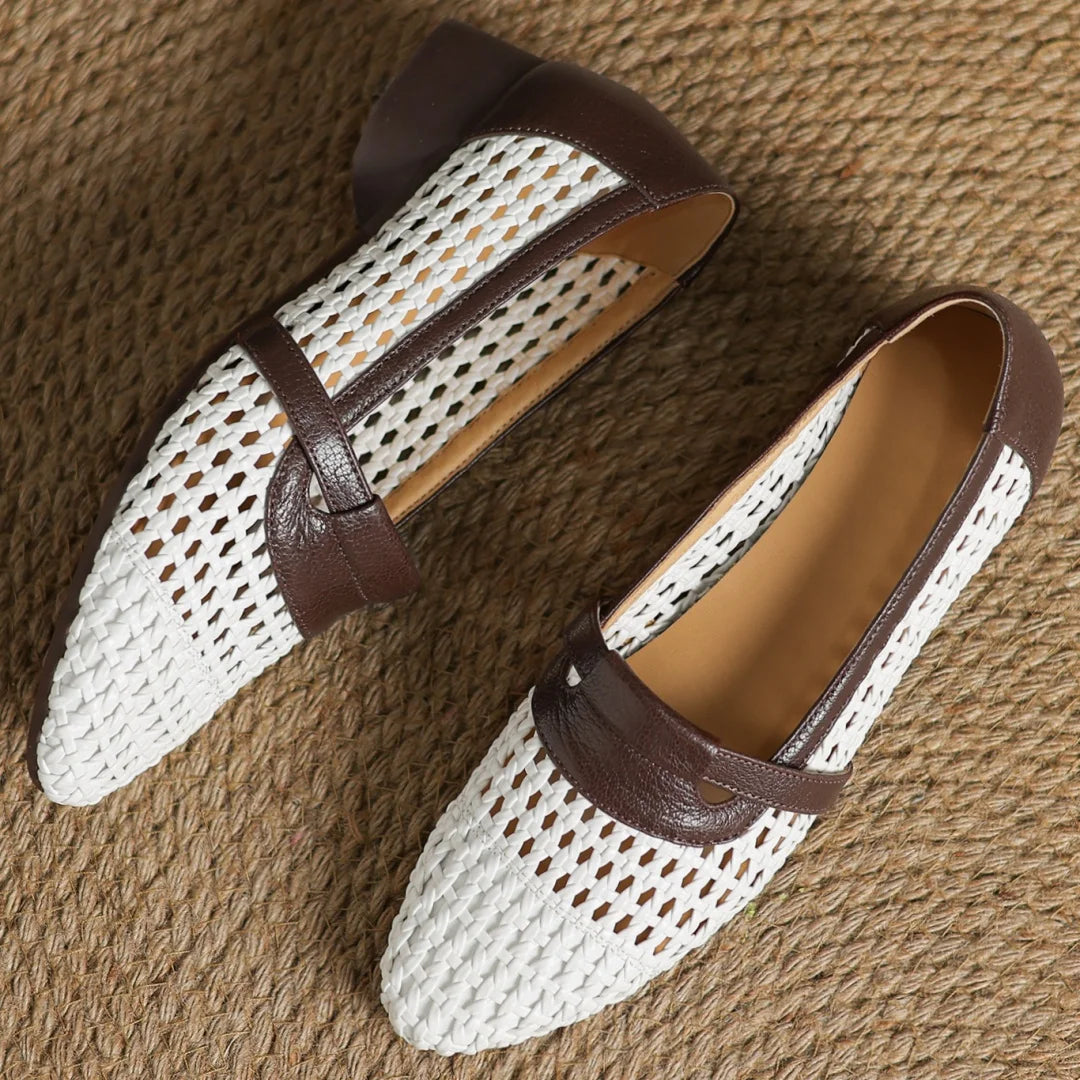 Soft Patchwork Genuine Leather Braided Microfiber Hollow-out Breathable Flats Loafers