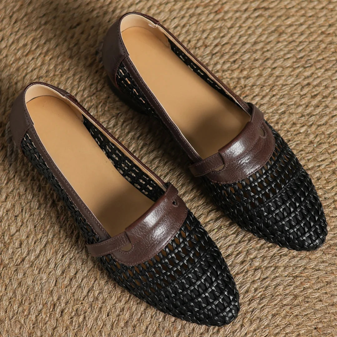Soft Patchwork Genuine Leather Braided Microfiber Hollow-out Breathable Flats Loafers
