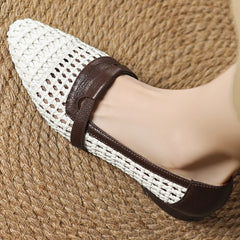 Soft Patchwork Genuine Leather Braided Microfiber Hollow-out Breathable Flats Loafers