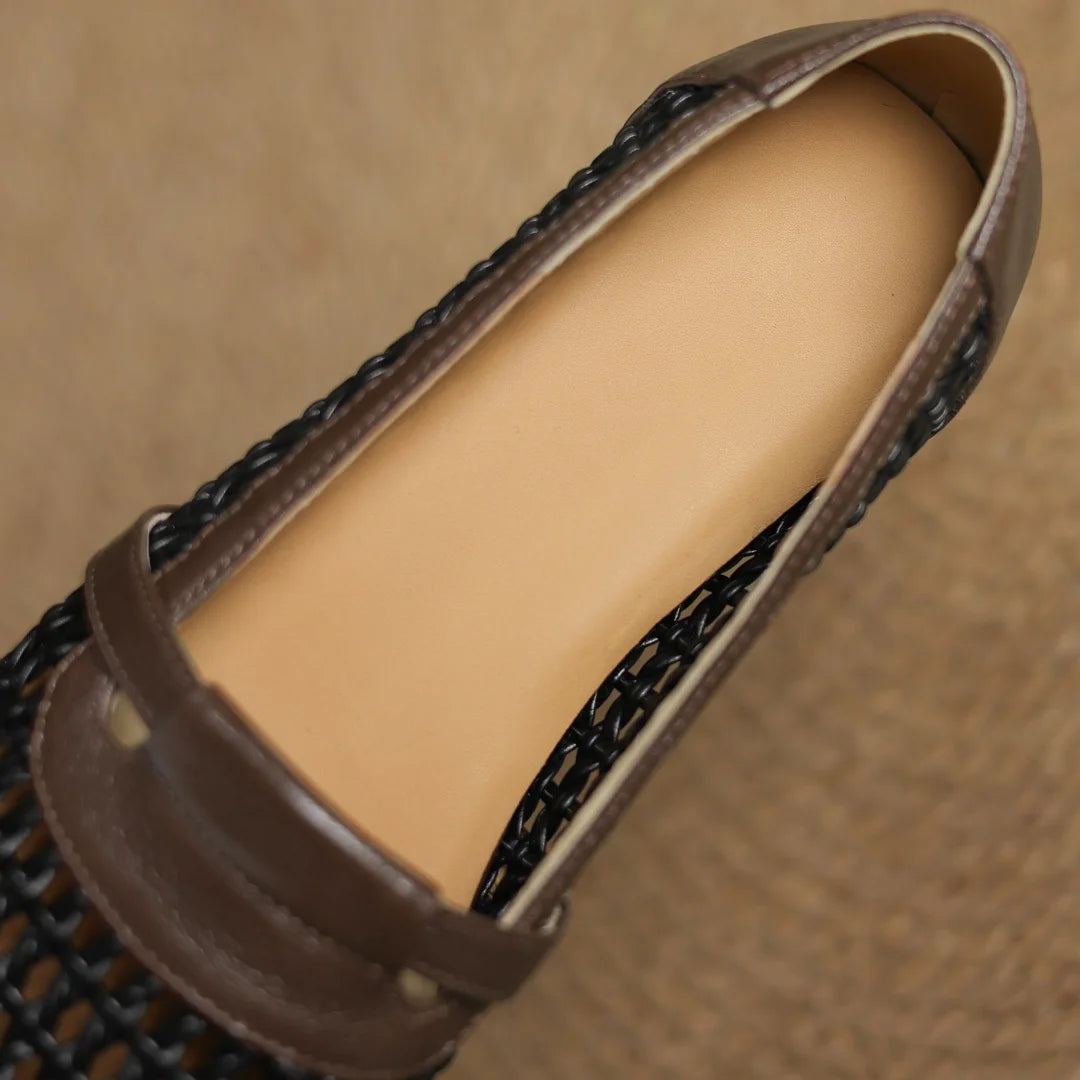 Soft Patchwork Genuine Leather Braided Microfiber Hollow-out Breathable Flats Loafers