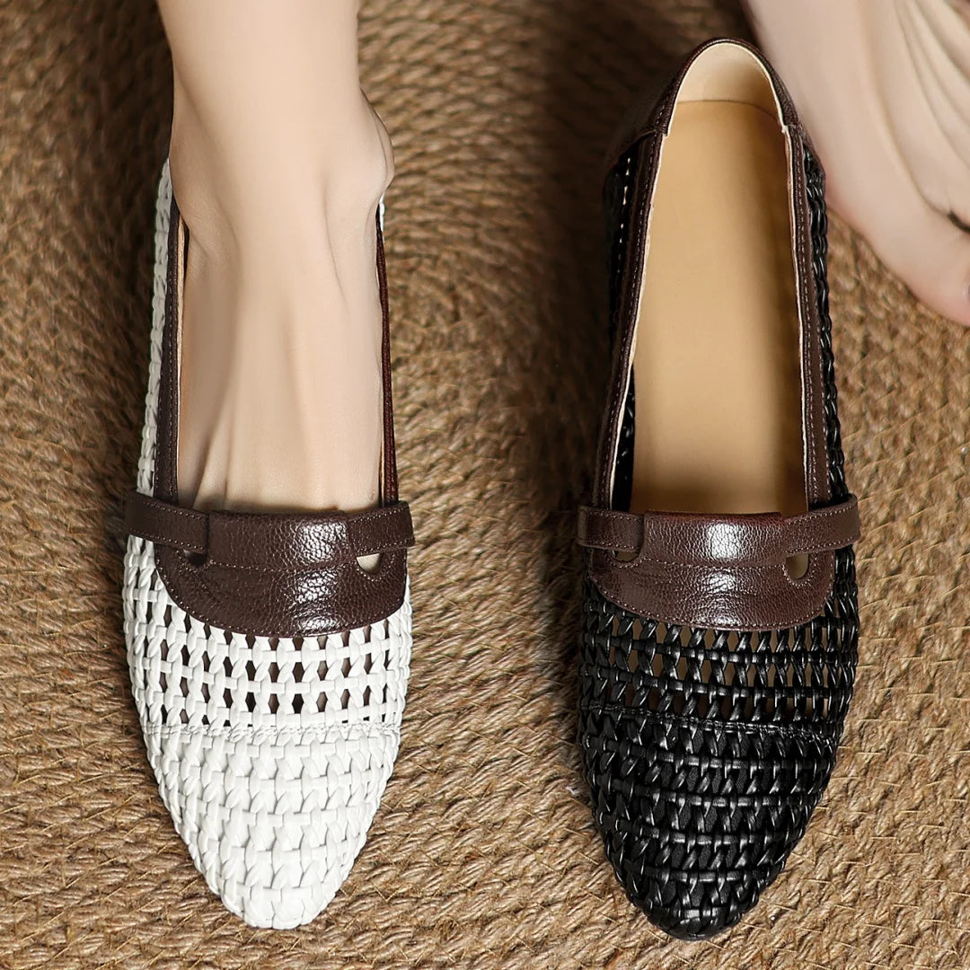 Soft Patchwork Genuine Leather Braided Microfiber Hollow-out Breathable Flats Loafers