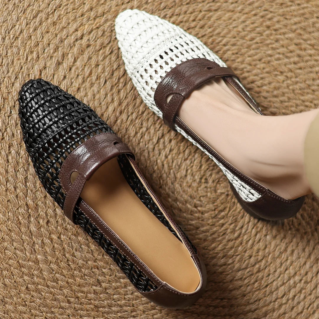 Soft Patchwork Genuine Leather Braided Microfiber Hollow-out Breathable Flats Loafers