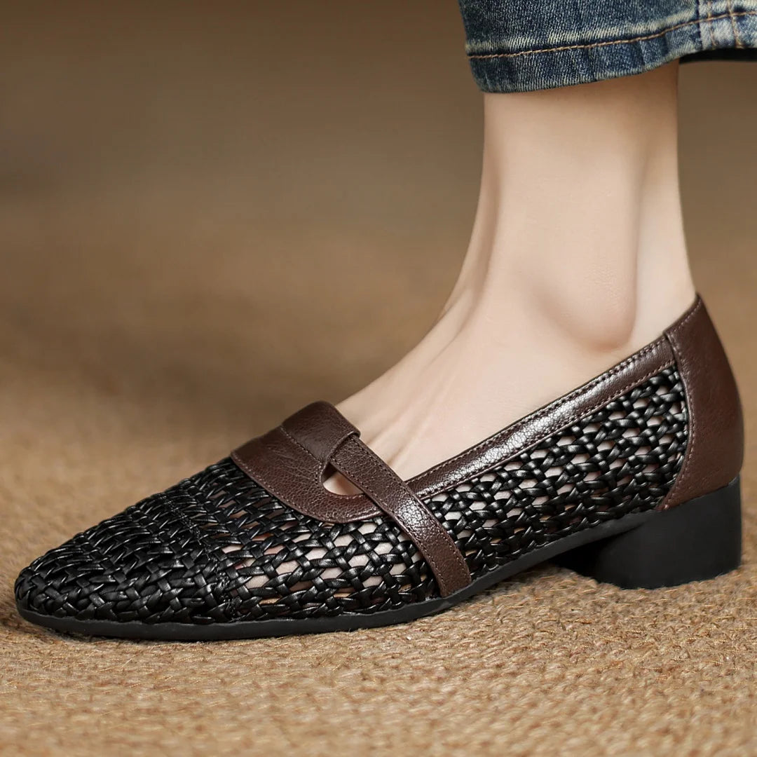 Soft Patchwork Genuine Leather Braided Microfiber Hollow-out Breathable Flats Loafers