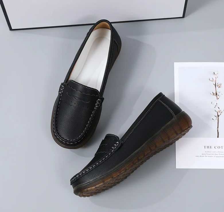 Soft Rubber Round Toe Genuine Leather Flats Platform Slip On Loafers