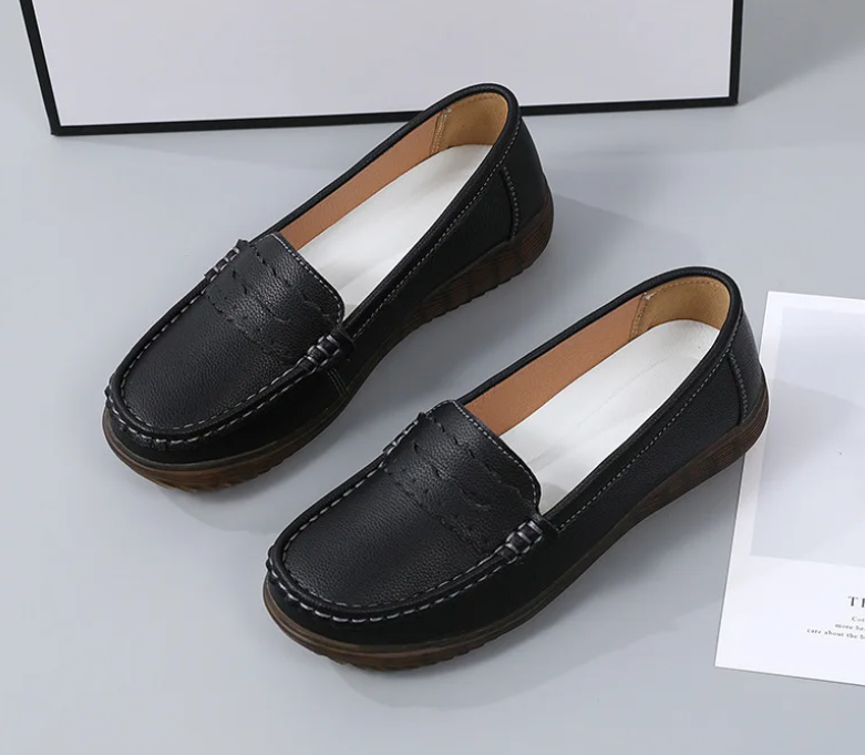 Soft Rubber Round Toe Genuine Leather Flats Platform Slip On Loafers