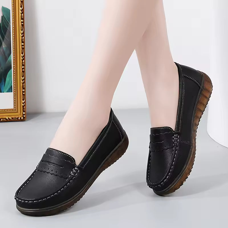 Soft Rubber Round Toe Genuine Leather Flats Platform Slip On Loafers