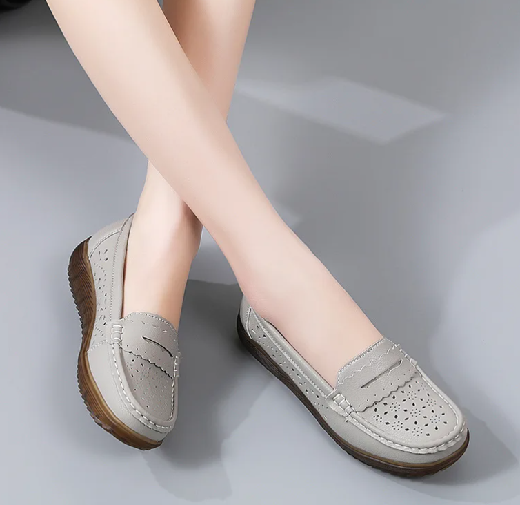 Rubber Round Toe Genuine Leather Flats Platform Slip On Loafers
