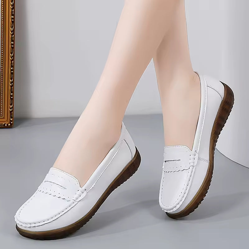 Soft Rubber Round Toe Genuine Leather Flats Platform Slip On Loafers
