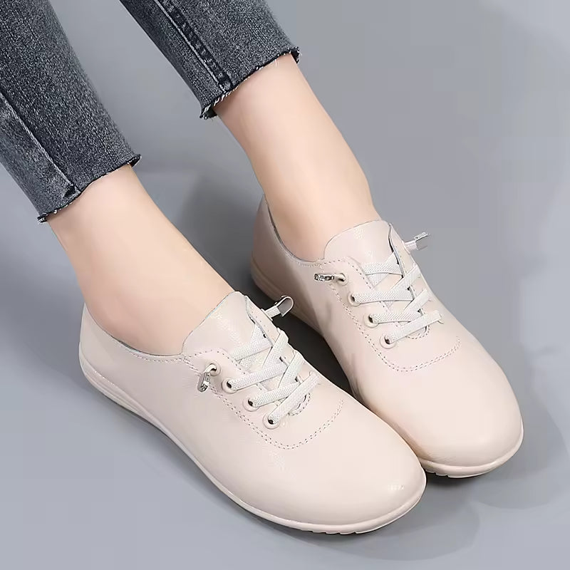 Soft Sewing Round Toe Lace Up Comfortable Genuine Leather Flats Shoes