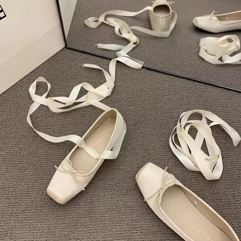 Soft Sole Cross Ankle Strap Ballet Flats Square Toe Shallow Sandals