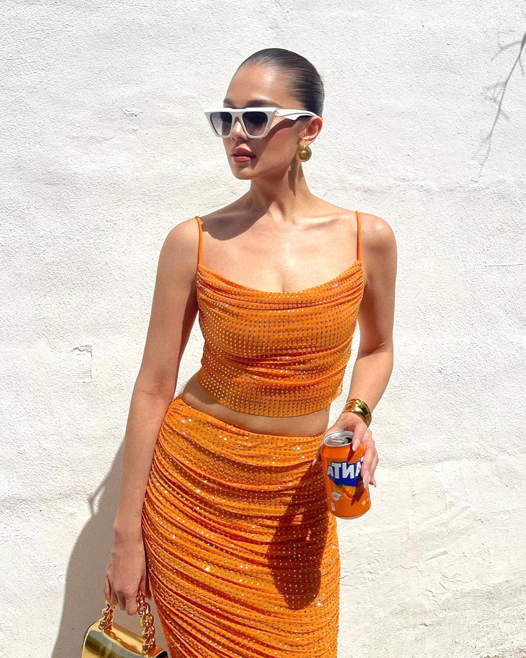 Sparkly Draped Maxi Two Piece Dress Orange