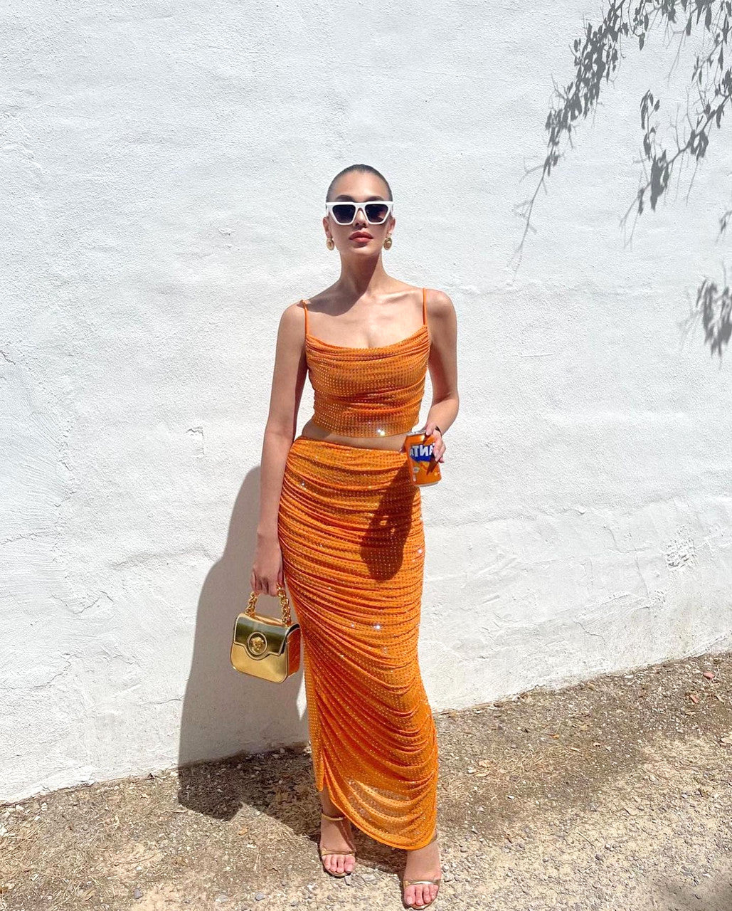 Sparkly Draped Maxi Two Piece Dress Orange