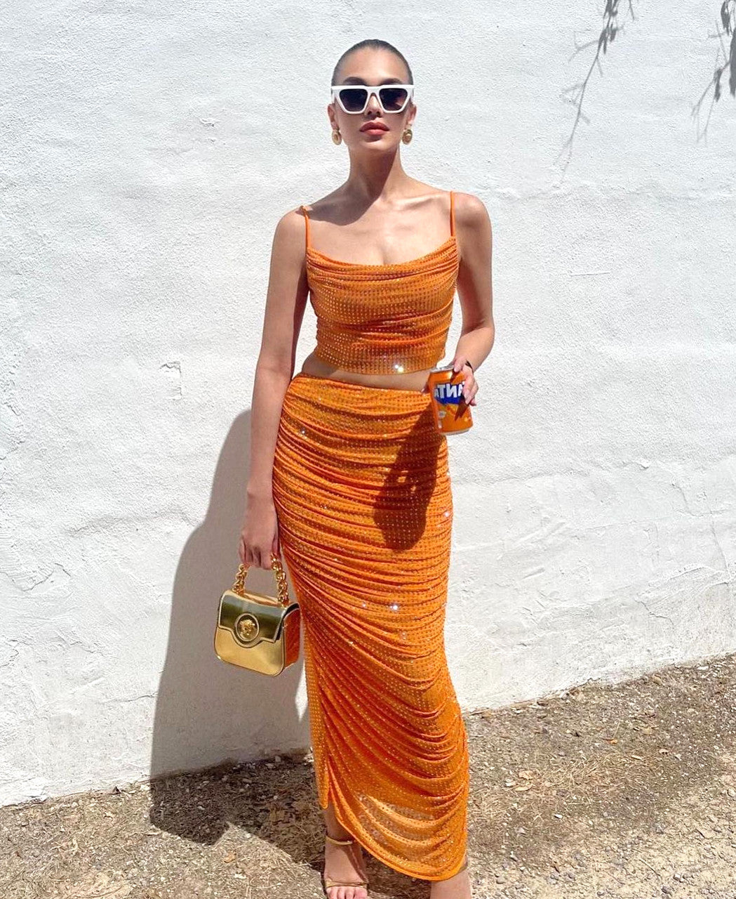 Sparkly Draped Maxi Two Piece Dress Orange