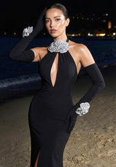 Halter Sparkly Floral Maxi Dress Black
