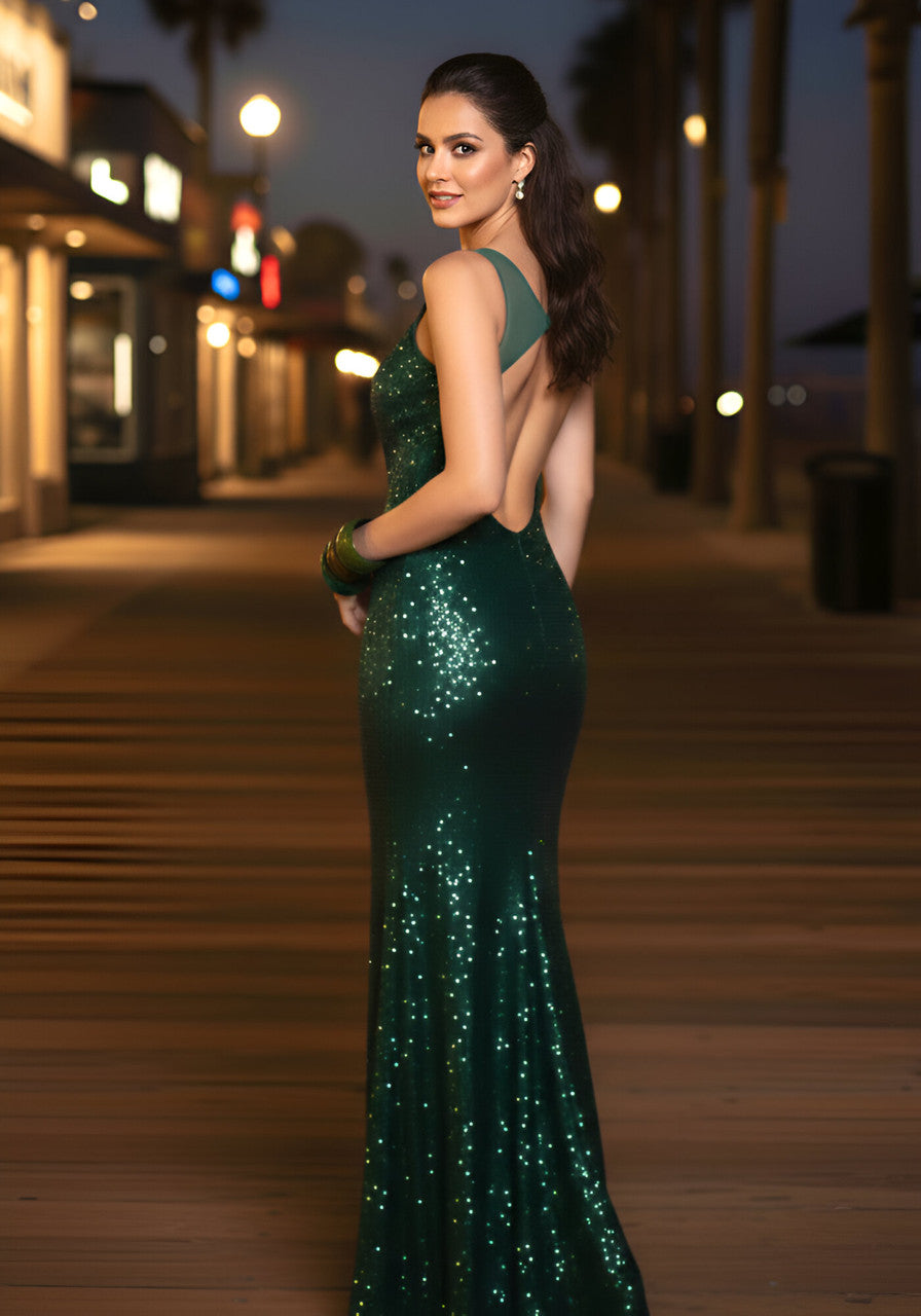 Mesh Insert Sparkly Backless Maxi Dress Green