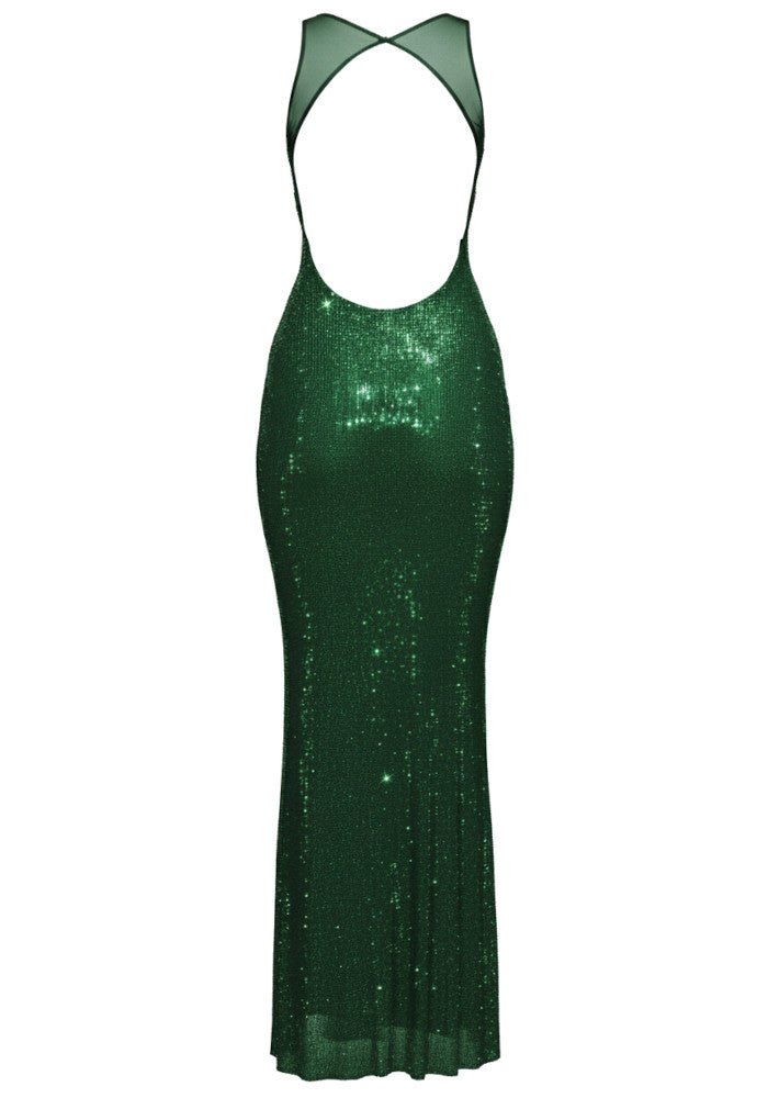 Mesh Insert Sparkly Backless Maxi Dress Green