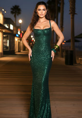 Mesh Insert Sparkly Backless Maxi Dress Green
