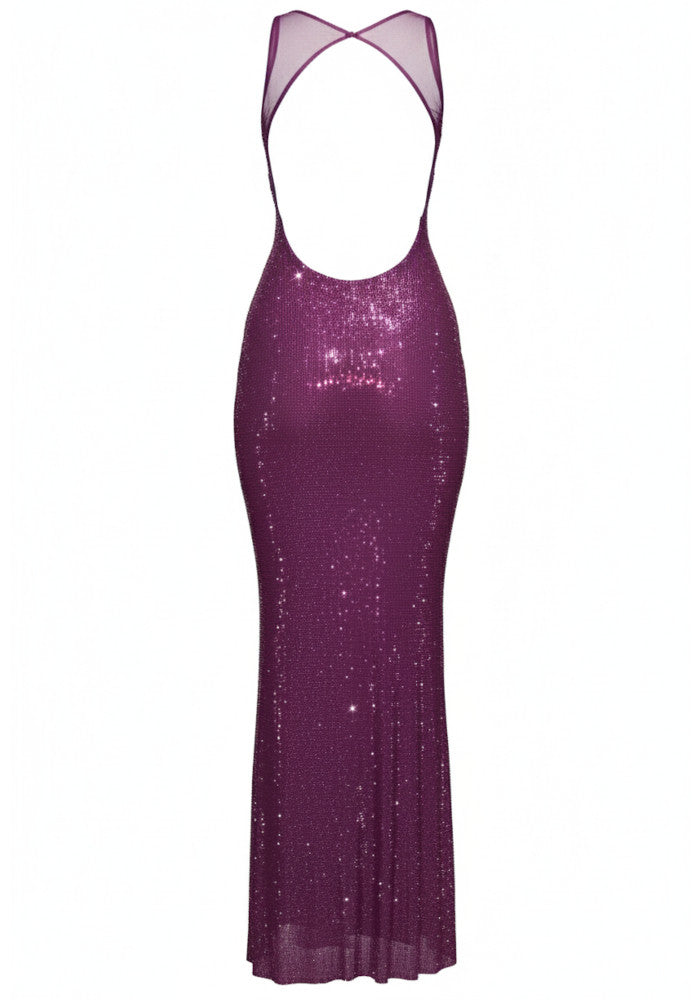 Mesh Insert Sparkly Backless Maxi Dress Magenta