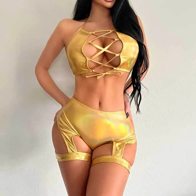 Split set hollow suspender vest laser leg loop shorts two-piece set