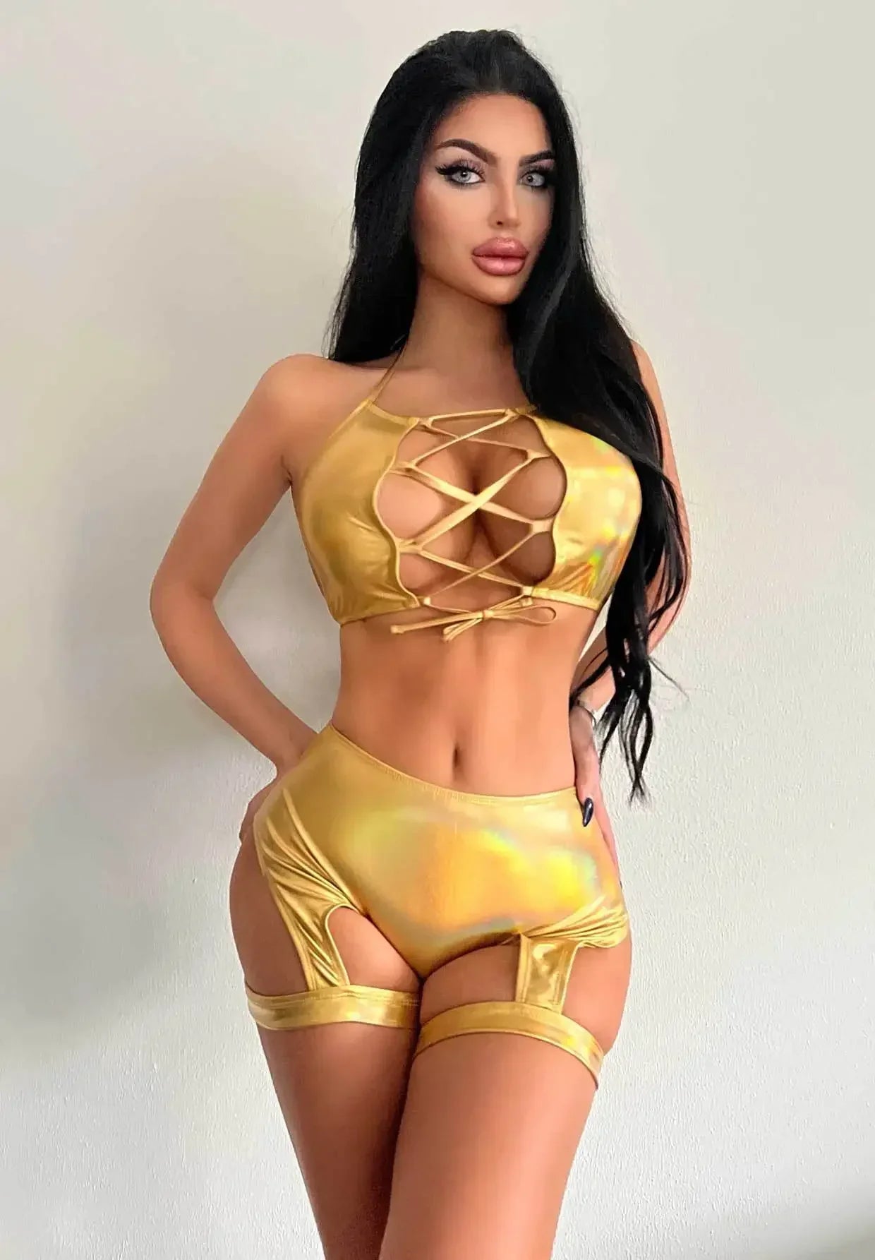 Split set hollow suspender vest laser leg loop shorts two-piece set