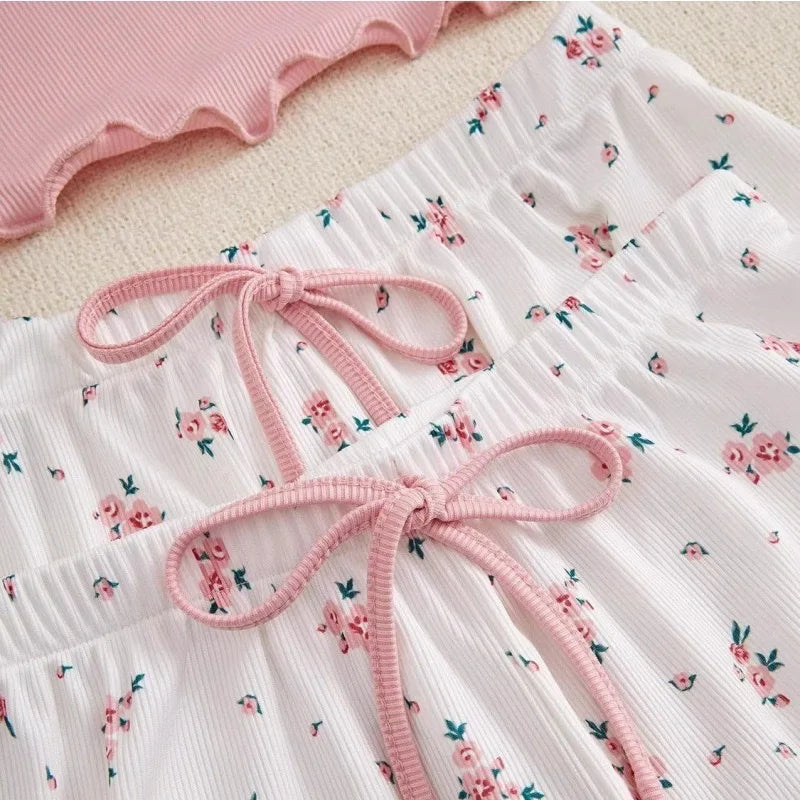 Spring Autumn Heart-Shaped Printed Three Piece Pajamas Set Vest Shorts and Pants Homewear Casual Sleepwear