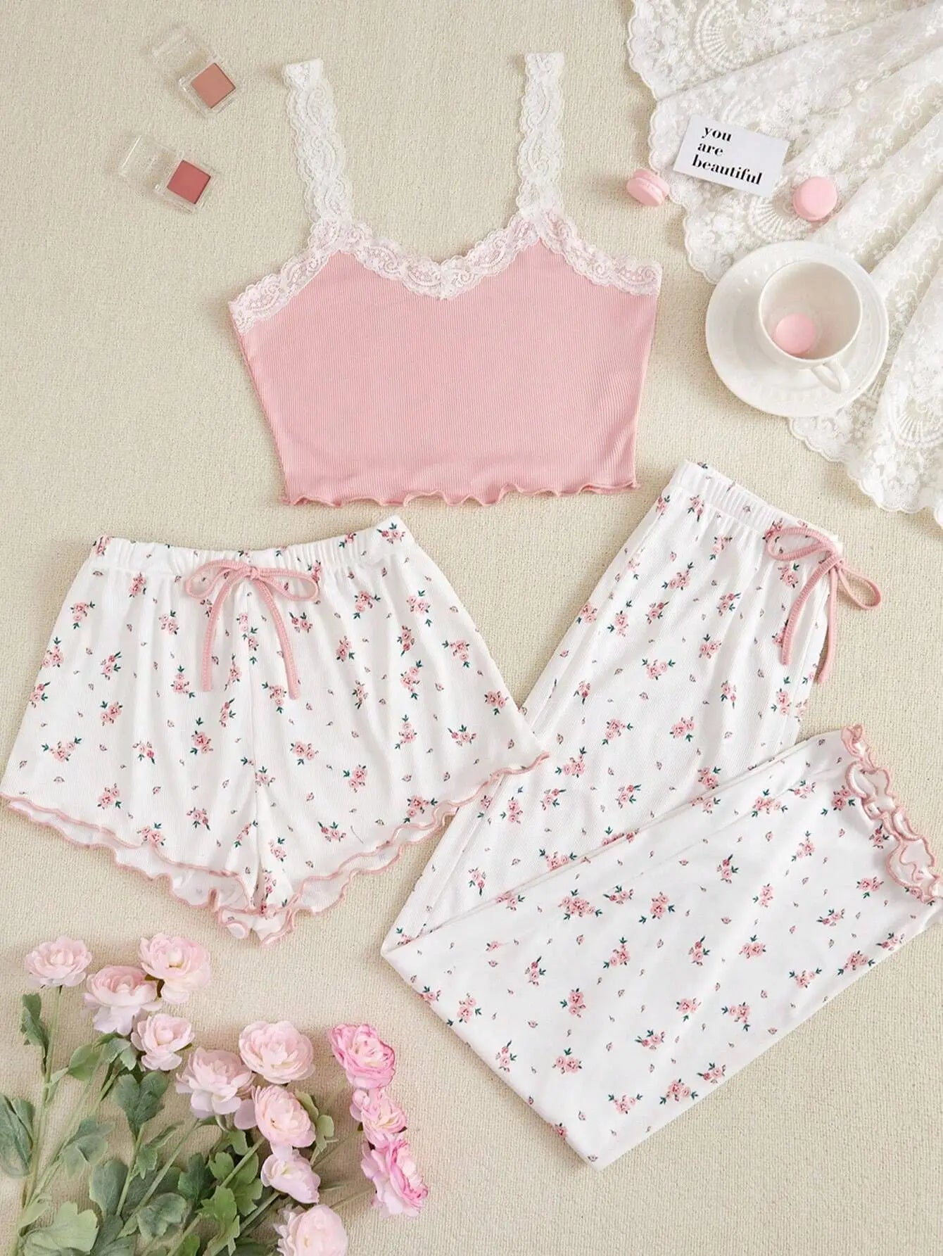 Spring Autumn Heart-Shaped Printed Three Piece Pajamas Set Vest Shorts and Pants Homewear Casual Sleepwear