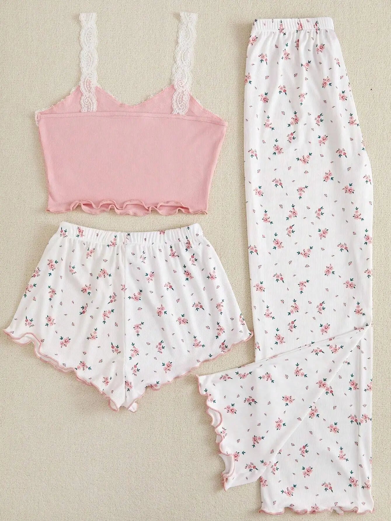 Spring Autumn Heart-Shaped Printed Three Piece Pajamas Set Vest Shorts and Pants Homewear Casual Sleepwear