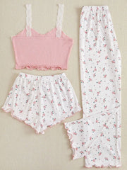 Spring Autumn Heart-Shaped Printed Three Piece Pajamas Set Vest Shorts and Pants Homewear Casual Sleepwear