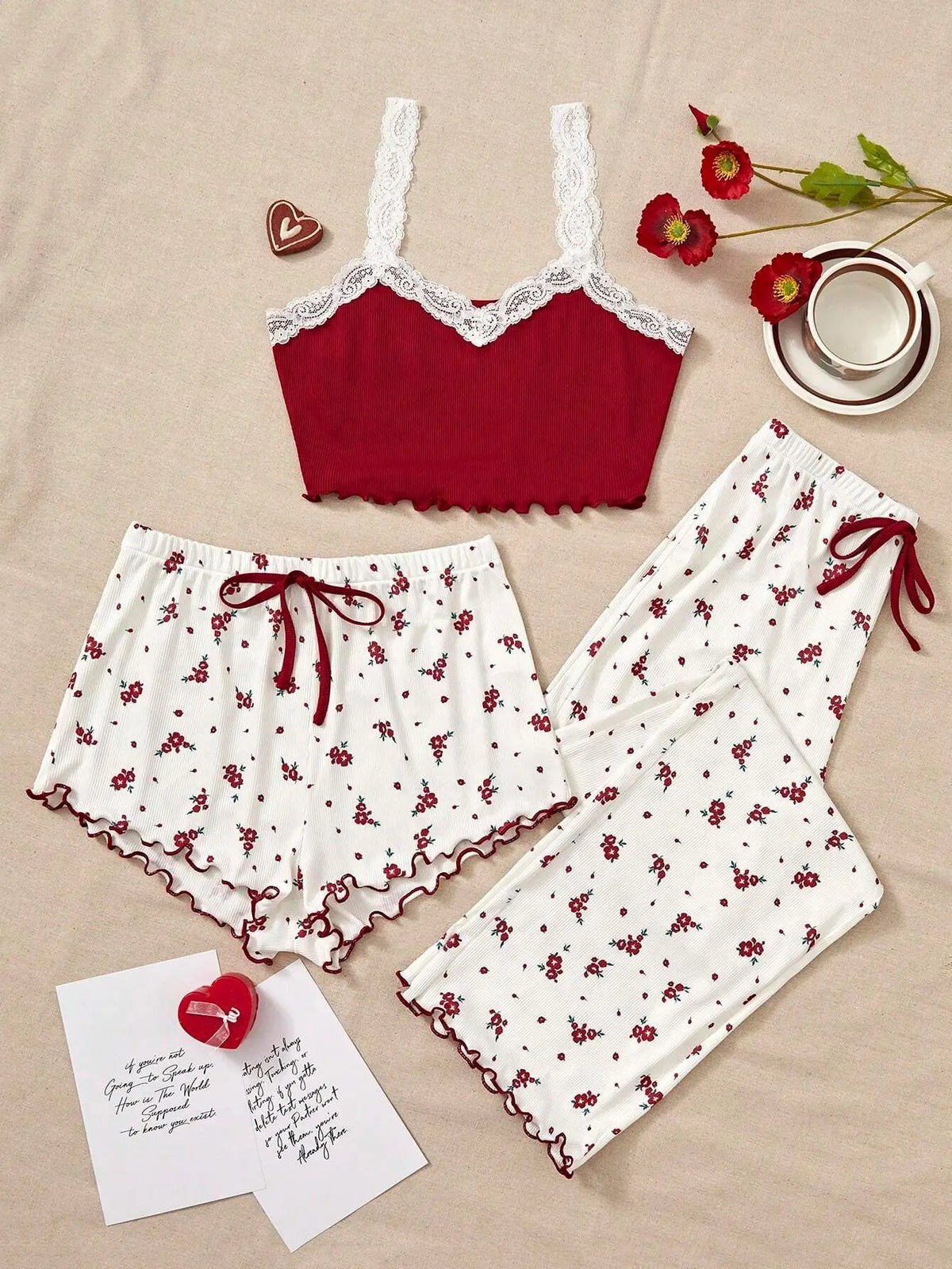 Spring Autumn Heart-Shaped Printed Three Piece Pajamas Set Vest Shorts and Pants Homewear Casual Sleepwear