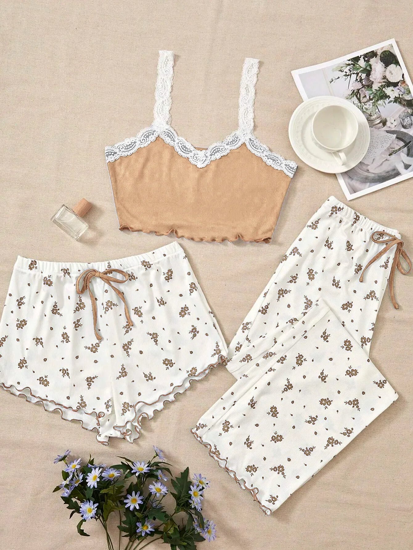 Spring Autumn Heart-Shaped Printed Three Piece Pajamas Set Vest Shorts and Pants Homewear Casual Sleepwear