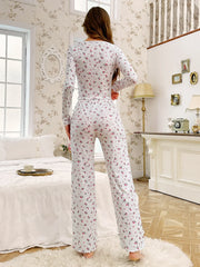 Spring Summer Sleepwear Pajamas Floral Print Lettuce Trim Pajamas Set Tops and Long Trousers Loungewear Nightwear