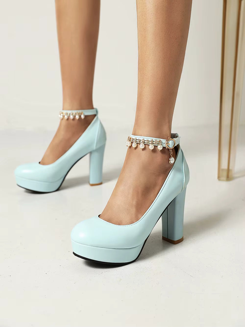 Casual Beaded Strap Buckle Round Toe Square High Heels Platform Pumps