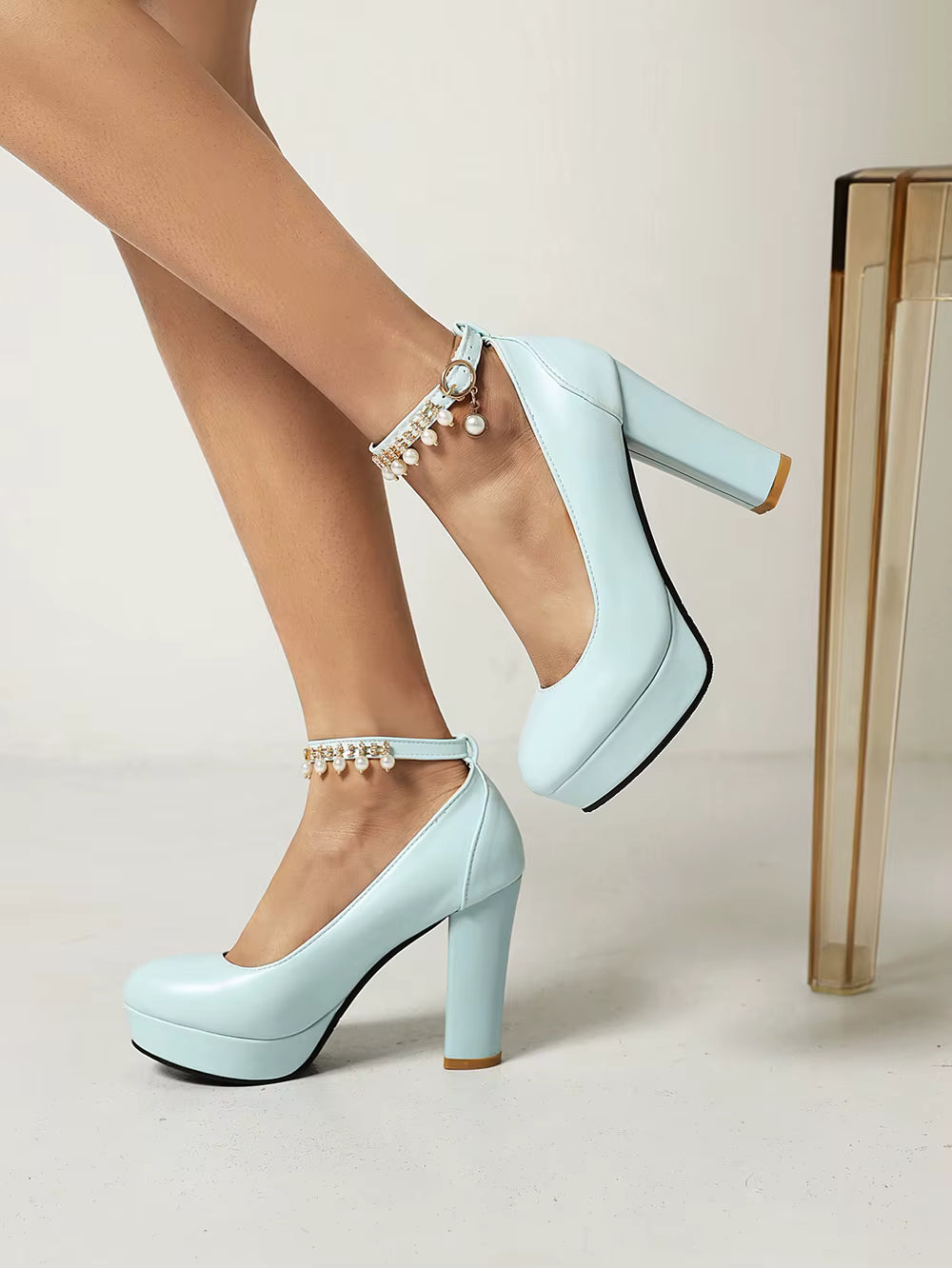 Casual Beaded Strap Buckle Round Toe Square High Heels Platform Pumps