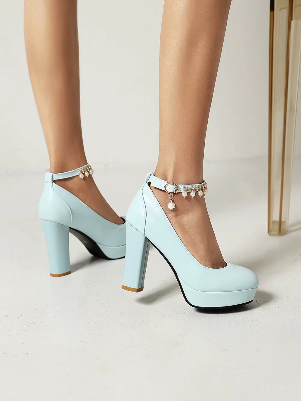 Casual Beaded Strap Buckle Round Toe Square High Heels Platform Pumps